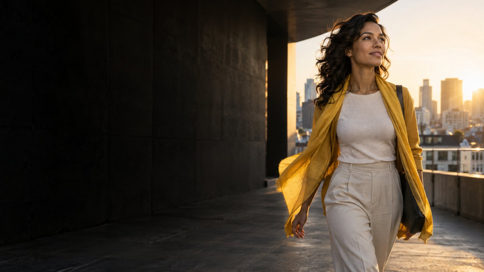 Woman in yellow walking into the sunlight